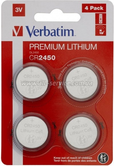 Батарейка Verbatim CR 2450 Lithium 3V * 4 (49535) Батарейка Verbatim CR 2450 Lithium 3V * 4 (49535)