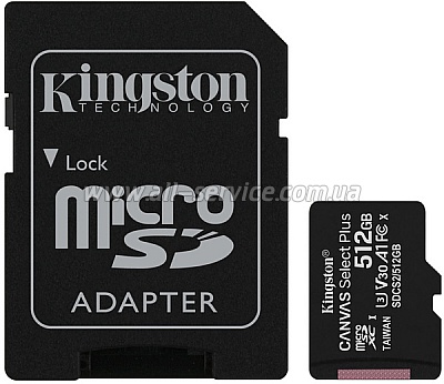   Kingston microSDXC 512GB Canvas Select Plus Class 10 UHS-I U3 V30 A1 + SD- (SDCS2/512GB)