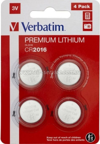  Verbatim CR2016 Lithium 3V * 4 (49531)