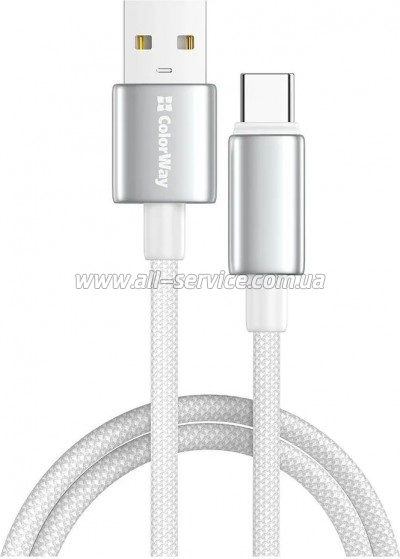 ���� ������ USB 2.0 AM to USB-C 2.0m 3A zinc alloy braided white ColorWay (CW-CBUC099-WT)
