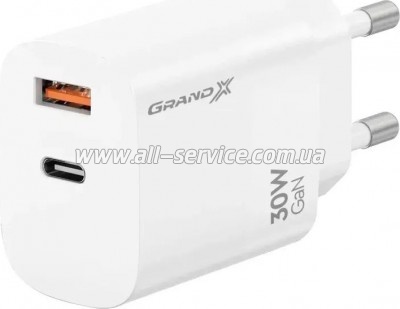 �������� ������� Grand-X GaN 1xUSB-C + 1xUSB QC3.0 36W white (CH-360W)
