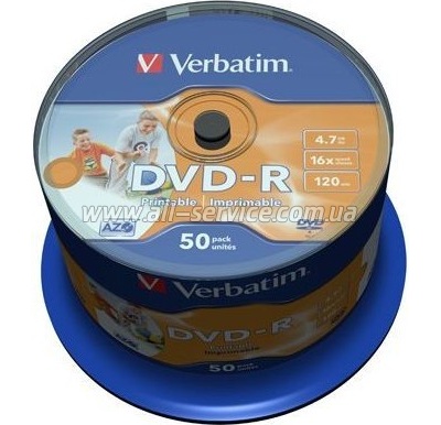  DVD-R Verbatim 4.7Gb 16X CakeBox 50 AZO Wide Inkjet Printable (43533)