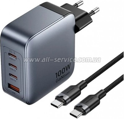 �������� ������� Vention 3xUSB-C PD100W + 1xUSB QC3.0 30W GaN + cable USB-C to USB-C 1.0m gray (TZ-FETH0-EU)