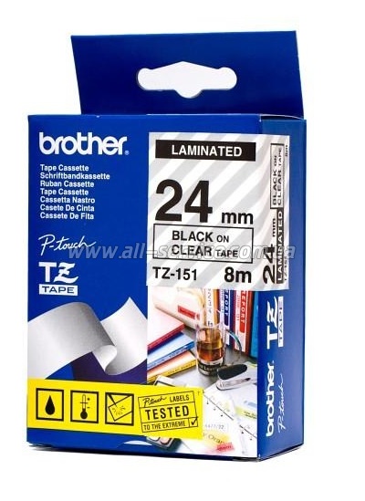  Brother 24mm Laminated clear, Print black TZ151