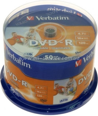 Диск DVD-R Verbatim 4.7Gb 16X CakeBox 50шт AZO Wide Inkjet Printable (43533) Диск DVD-R Verbatim 4.7Gb 16X CakeBox 50шт AZO Wide Inkjet Printable (43533)