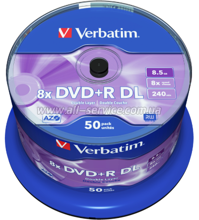 ���� Verbatim DVD+R 8.5 GB/240 min 8x Double Layer Cake Box 50�� (43758)