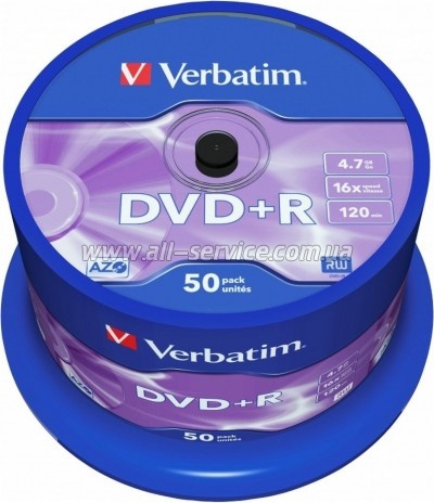  DVD+R Verbatim 4.7 GB/120 min 16x Silver 50 pcs Cake Box (43550)