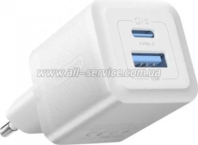 �������� ������� Vention 1xUSB-C PD30W + 1xUSB QC3.0 30W GaN white (FEQW0-EU)