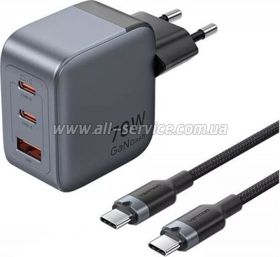 �������� ������� Vention 2xUSB-C PD70W + 1xUSB QC3.0 22.5W GaN + cable USB-C to USB-C 1.0m black gray (TZ-FEXH0-EU)