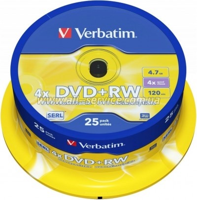 ���� Verbatim DVD+RW 4.7 GB/120 min 4x Cake Box 25�� silver (43489)