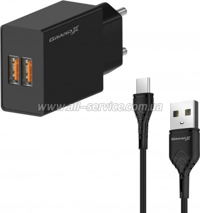 �������� ������� Grand-X 2xUSB 5V 2.4A + cable USB to USB-C black (CH-15T)
