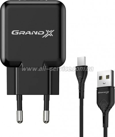 �������� ������� Grand-X USB 5V 2.1A + cable USB to USB-C black (CH-03T)