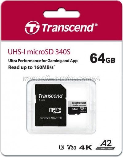   64GB Transcend microSDXC UHS-I U3 V30 A2 + SD  (TS64GUSD340S)