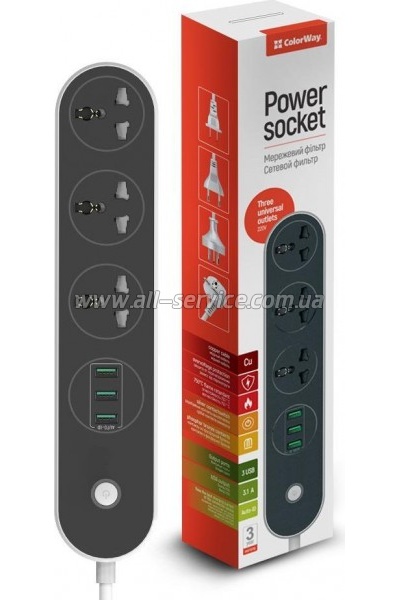 Сетевой фильтр СolorWay 3 розетки/ 3USB Black 1.8M (CW-CHU33B) Сетевой фильтр СolorWay 3 розетки/ 3USB Black 1.8M (CW-CHU33B)
