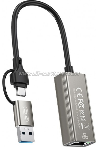 ������� USB-C + USB A to RJ45 Ethernet 100Mbps XO (HUB018.black)