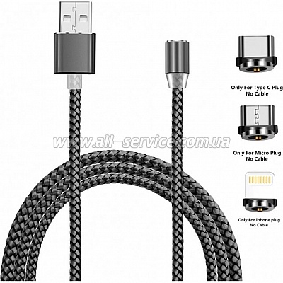   USB 2.0 AM to Lightning + Micro 5P + Type-C 1.2m Magneto gre XoKo (SC-350MGNT-GR)