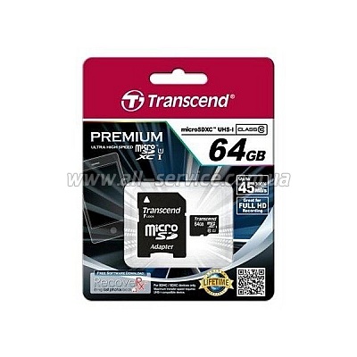   64GB TRANSCEND microSDXC Class 10 UHS-I PremiumX300 + SD  (TS64GUSDU1)