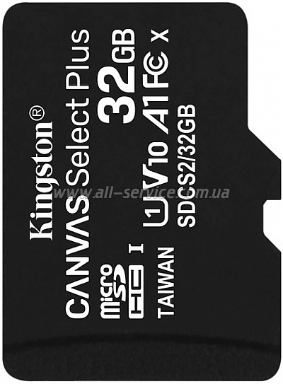   32GB Kingston microSDHC Canvas Select Plus Class 10 UHS-I U1 V10 A1 (SDCS2/32GBSP)